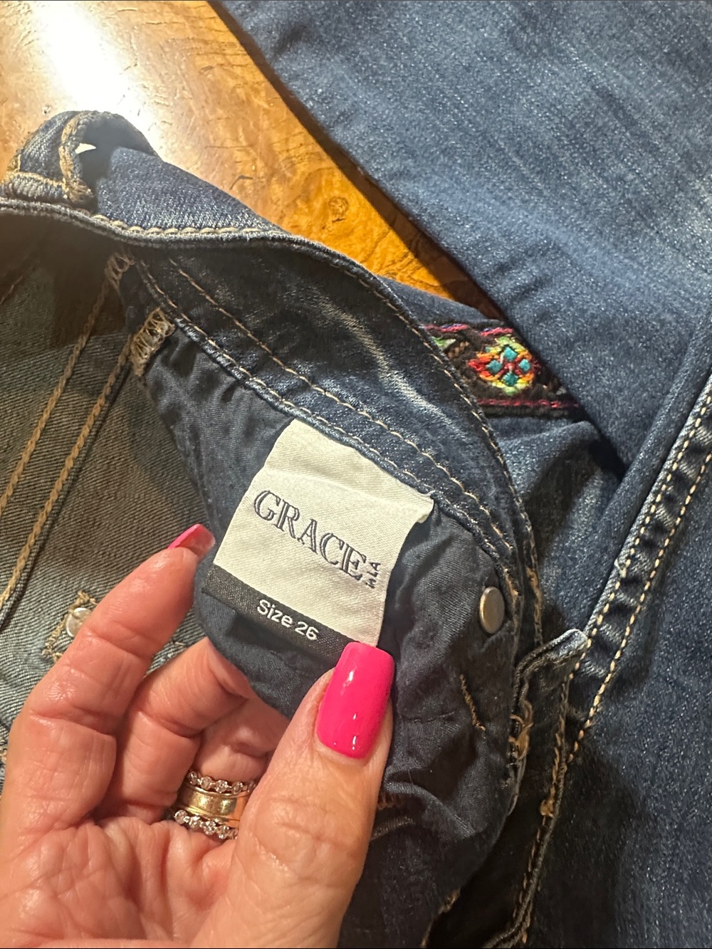 Grace Dark Blue Straight-Leg Jeans with Multicolor Embroidered Trim - Picture 3 of 10